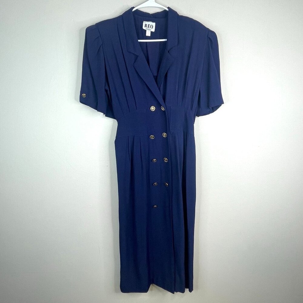 Vintage 70s Old Money Double Breasted Dress 10 Navy Pleated Midi Secretary Chic